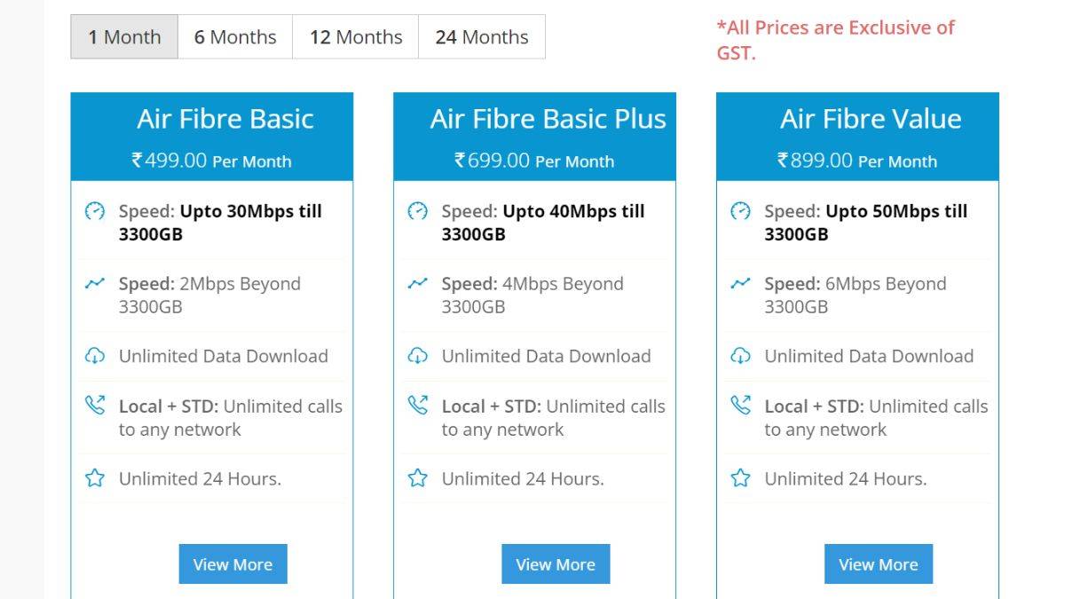 BSNL Bharat Air fiber plans list