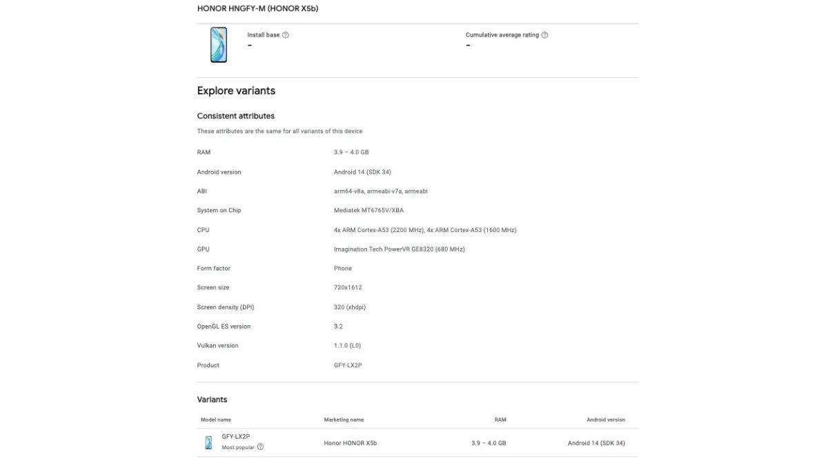 Honor X5b Google Play Console Listing