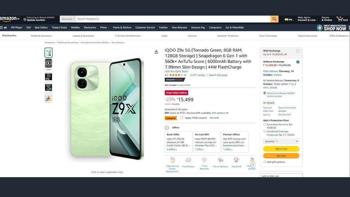 iQOO Z9x 5G தள்ளுபடி வங்கி சலுகைகளுடன் amazon மற்றும் நிறுவனத்தின் இணையதளத்தில் விவரங்கள் அறியலாம்