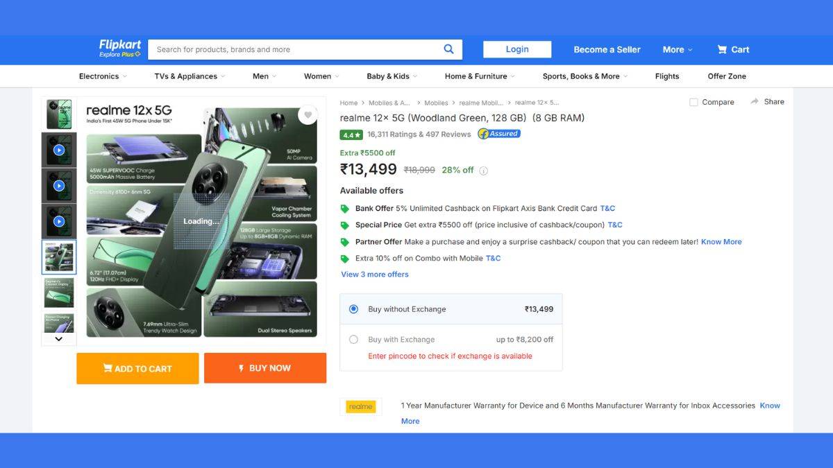 realme 12x 5G with 1500 rs discount flipkart